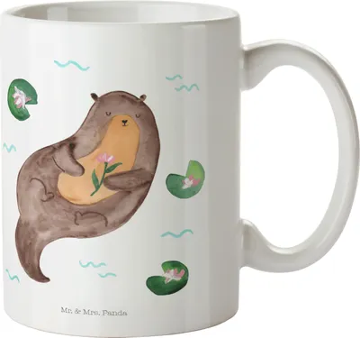 Produktbild von Mr. & Mrs. Panda haferl Otter Seerose - Weiß - Geschenk, Kaffeebecher, Wasser, Seeotter, Trinkbecher, glücklich, Fluss, Kaffeetasse, Tasse, cappuccinotasse, Becher