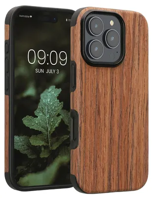 Produktbild von kwmobile Hülle kompatibel mit Apple iPhone 16 Pro - Holz TPU Case Handy Schutzhülle - Backcover Cover Holz Maserung Braun