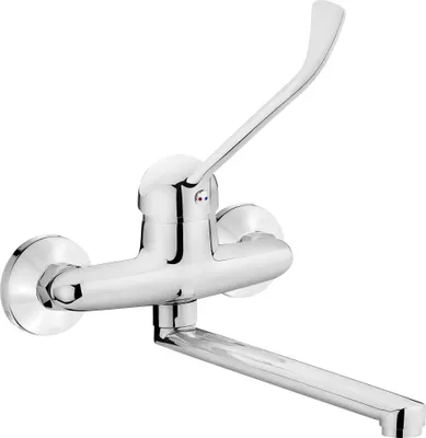 A wall-mounted kitchen faucet with a lever handle.