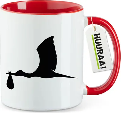 Produktbild von Huuraa Kaffeetasse Klapperstorch mit Baby Silhouette 330ml Rot Keramik Kaffeebecher Geschenkidee