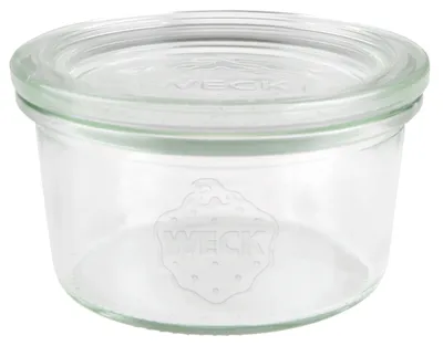 A clear glass jar with a lid, on a white background.