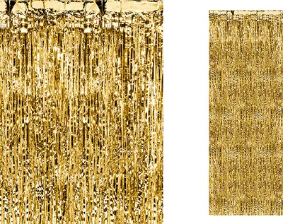Two gold tinsel curtains are shown side-by-side against a white background.