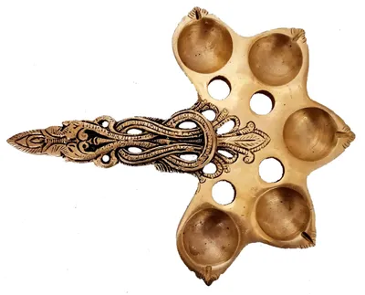 Messing Handlampe Aarti Deepam, 5 Lichter, antik, 6x8x1 Zoll
