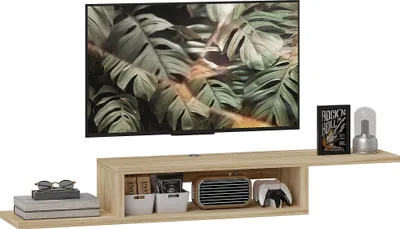 Image de HOMCOM Meuble TV mural flottant suspendu support TV - étagère murale flottante - niche, passe-fils - chêne clair