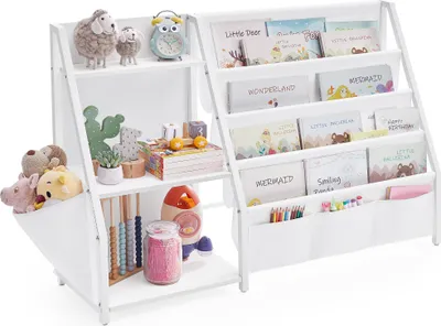 A white children's bookshelf filled with books and toys.