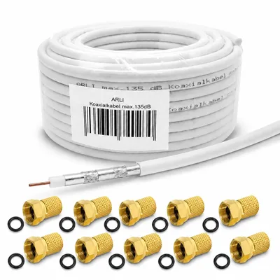 Produktbild von 50m ARLI Koaxialkabel – max. 135 dB 5-fach geschirmt + 10x F-Stecker vergoldet mit breiter Mutter und Dichtring DVB-S2 DVB-C2 DVB-T2 4K HD TV