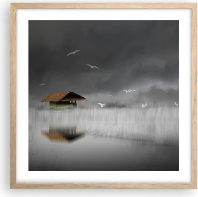 Produktbild von Gerahmtes Poster - Rahmen in heller Eiche - Hütte Nebel Sumpf - 50x50 cm - Wand Bild - Wanddeko - Wandbilder - Kunstposter - Wandposter - Bilderrahmen - Bilder - Kunstdruck - P2NAC50x50-4896
