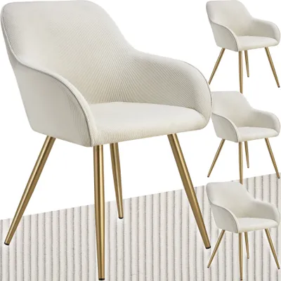 A collage of images showing a cream-colored chair with gold legs, presented from different angles and in different sizes.