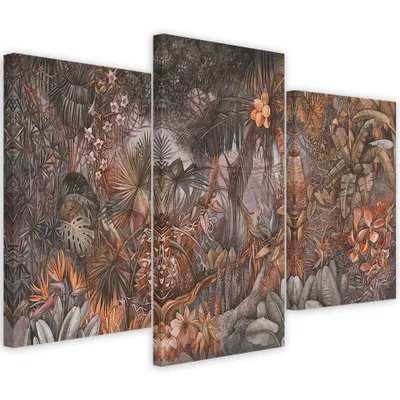 Produktbild von Triptychon auf leinwand tiefer dschungel 150x100 cm Feeby grau wandbild bereit zum aufhängen