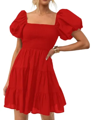 Produktbild von ZESICA Damen-Minikleid 2024, Boho-Stil, quadratischer Ausschnitt, Puffärmel, sch