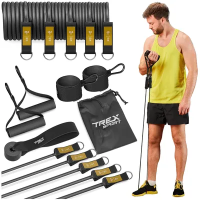 Produktbild von TREX SPORT Expander Gymnastikband 5er Set TX-050TS Widerstandsband | Fitnessband 4,6-22,8 kg, mit Türanker, Knöchelriemen | Resistance Band grau