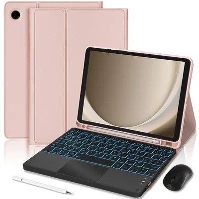 Image de Coque Clavier pour Samsung Galaxy Tab A11 Plus / A9 Plus, Effet Cuir Rose avec Clavier Rétroéclairé + Souris + Stylet