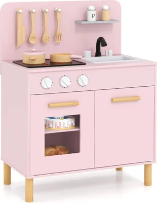 Immagine prodotto di Cucina per bambini in legno con 10 accessori Cucina giocattolo con luci e suoni Cucina giocattolo rosa