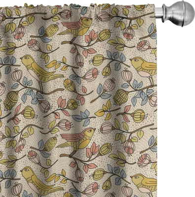 Obrázek produktu pro ABAKUHAUS Jarní závěsy, záclony, doodle styl, rozkvetlé květiny na větvích a sedící ptáci na skvrnitém pozadí, 2 kusy 75 x 225 cm, vícebarevné