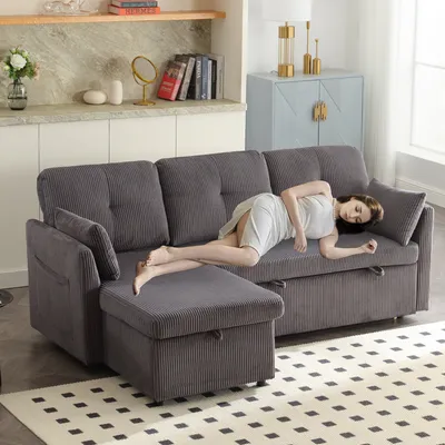 Image de LVHOM Canapé d'angle avec fonction sommeil en L, Canapé avec coffre de lit, Canapé de salon avec poche latérale, Canapé en tissu velours, Ensemble de canapé, 3 places, Gris foncé