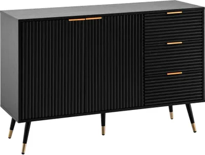 Produktbild von WOHNLING Sideboard 120x80x40 cm Anrichte Schwarz mit Eiche-Nachbildung Kommode mit Türen und Schubladen Kommodenschrank Flurschrank Modern Standschrank