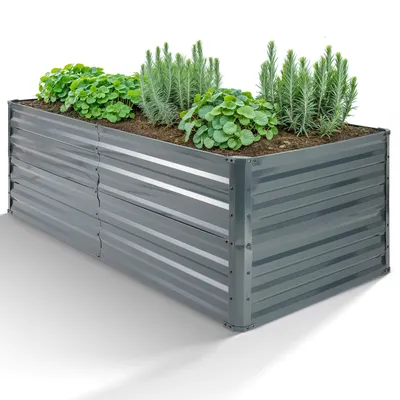 A raised garden bed filled with plants.