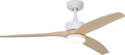 Zdjęcie produktu dla Biały wentylator sufitowy z drewnianym nadrukiem 132 cm z LED z możliwością ściemniania z pilotem - Joly