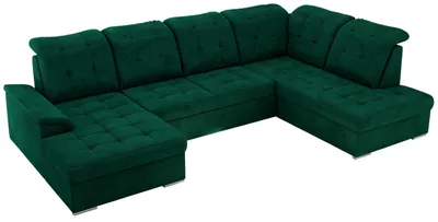 A dark green U-shaped sectional sofa is shown from a slightly elevated side angle against a white background.