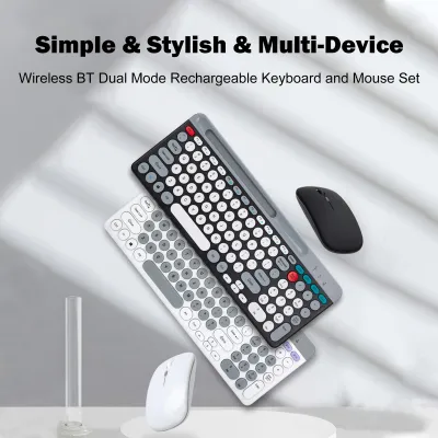 Obrázek produktu pro Bezdrátová sada klávesnice a myši s duálním režimem připojení 2,4 GHz a Bluetooth 5.0, membránová klávesnice s podporou Bluetooth, 3 kanály, možnost připojení až čtyř zařízení, dobíjecí klávesnice, dva režimy připojení, ergonomický design, kompatibilní s PC, notebooky, tablety a telefony, vhodná do kanceláře, domácnosti i pro hraní her,