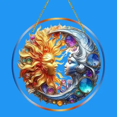 Produktbild von GKA XL Sonnenfänger Sonne und Mond Gesicht 20 cm Buntglas Lichtfänger Fensterbild Fenster Fensterschmuck Fensterdeko Gesichter