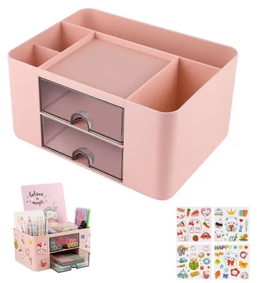 Produktbild von Schreibtisch-Organizer mit 5 Fächern und 2 Schubladen, multifunktionaler Stiftehalter, Tisch-Organizer für Bürobedarf und Schrein (rosa)
