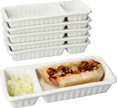Produktbild von 6x Frikandelschale Porzellan weiß 2 Bereiche Servierschale Buletten