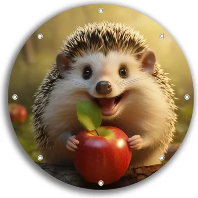 Produktbild von Wallario rundes Outdoor-Poster für Garten oder Balkon, Motiv Lächelnder Igel mit Apfel, 30 cm Durchmesser