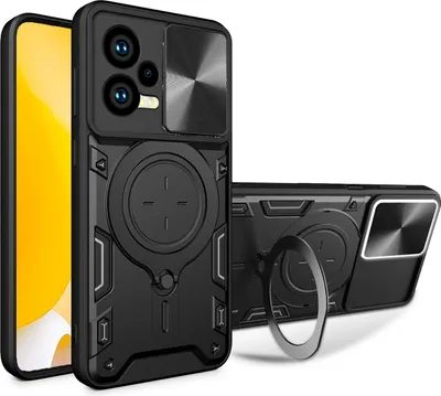 Produktbild von Handyhülle für Xiaomi Redmi Note 12 5G /Poco X5 Dual-Layer Stoßfest Rüstung Hülle mit Dia Kameraschutz und Kreisförmig Ring Ständer Schwarz