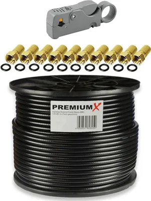 Produktbild von PremiumX 100m BASIC Koaxialkabel schwarz 135dB SAT Abisolierer 10x F-Stecker