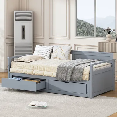Produktbild von okwish Multifunktionales 2-in-1 Tagesbett 90*190 cm/180*190 mit Kiefernbett, 2 Schubladen und Ausziehbett Grau , Grau-Ohne Matratze