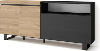 Image de COZY Buffet salon et cuisine, 200x35x87cm, 4 Portes, Chêne et noir