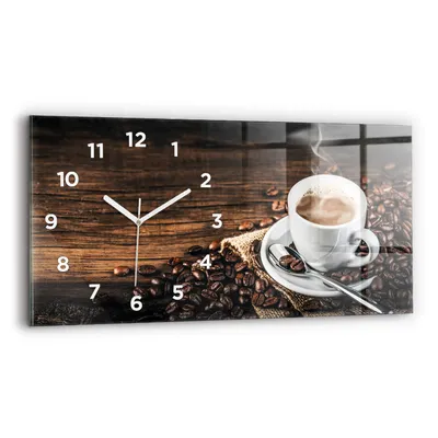 Produktbild von Wallfluent Wanduhr – Stilles Quarzuhrwerk - Uhr Dekoration Wohnzimmer Schlafzimmer Küche - Zifferblatt - weiße Zeiger - 60x30 cm - Tasse und Kaffeebohnen