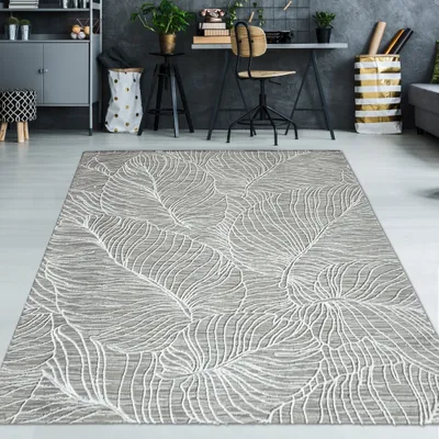 Image de Tapis recyclé agréablement doux Motif feuilles couleur crème gris Dimensions : 120 x 170 cm