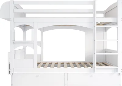 Produktbild von Etagenbett mit klappbarem Schreibtisch Regal Leiter und 2 Schubladen Kinderbett Hausbett Jugendbett 90*200cm Weiß