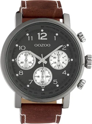 Image de Montre Oozoo pour homme avec bracelet en cuir 48 MM Gunmetal/gris foncé/marron rouge C10061