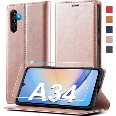 Productafbeelding van Telefoonkoffer van kunstleer, opklapbaar, voor Samsung Galaxy A34 5G, met beschermfolie, roze