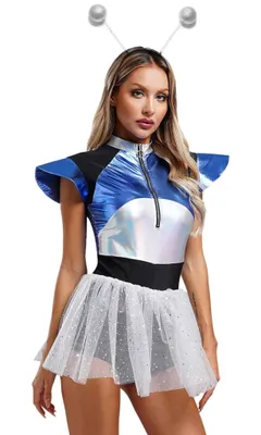 Produktbild von Damen Alien Kostüm – Space Girl Jumpsuit mit Tüllrock, Metallic Fly Sleeves, Gr. L – Astronaut Party & Fasching & Karnevalskostüm