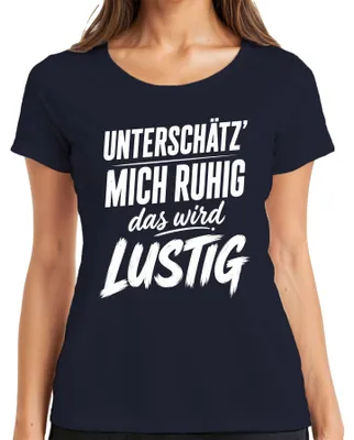 Immagine prodotto di Maglietta da donna, taglia XXL, colore blu navy, con scritta: "Non sottovalutarmi, sarà divertente". Stampa con tono sarcastico e umoristico