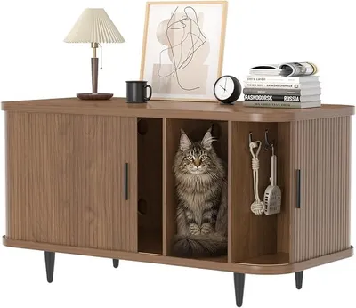 Produktbild von Katzenklo Schrank mit Rollo-Tür Design, Mid-Century Katzenschrank Holz für große Katzen, Versteckte Katzentoilette mit Stauraum & stabilen Metallbeinen, 105 x 50 x 58 cm, Walnuss