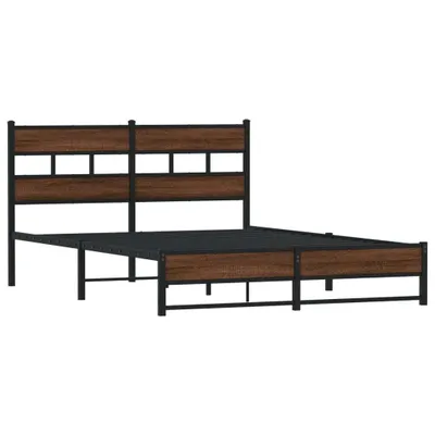 A product shot of a metal bed frame with wooden accents.