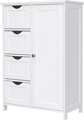 Produktbild von Badezimmer-Buffet aus Holz mit 4 Schubladen, Schranktür, verstellbarem Regal, Wohnzimmer, Küche, Flur, tief, freistehend, weiß