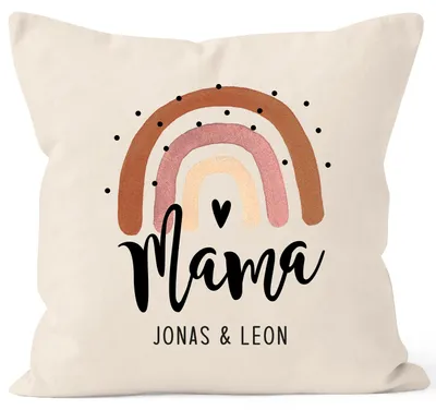 Produktbild von Kissen-Bezug Mama Regenbogen Herz Kinder-Namen personalisiertes Geschenk Muttertag von Sohn Tochter SpecialMe® natur 40cm x 40cm
