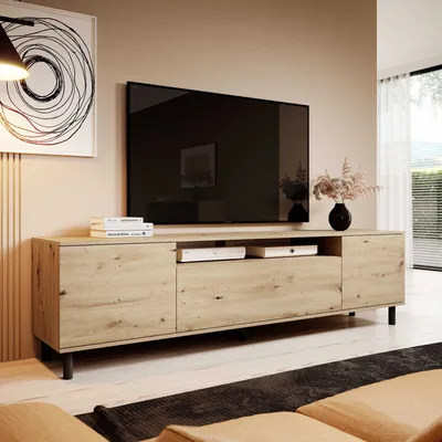 Produktbild von TV-Schrank 200 cm, Fernsehtisch, Lowboard, Eiche Artisan Matt, Runde schwarze Metallfüße, Modernes Design, "Masimo"
