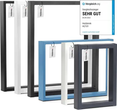 A collection of different colored table legs arranged in a row and in the foreground, with a review badge in the background.