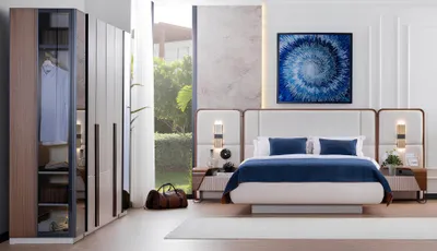 Image de Ensemble de chambre à coucher moderne Lit design Tables de chevet Armoire