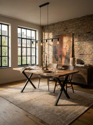 Moderner Esstisch aus massivem Akazienholz mit schwarzen X-Beinen im Mittelpunkt eines großzügigen Esszimmers mit Loft-Charakter und Backsteinwand._#sku_SAFWL7.253#