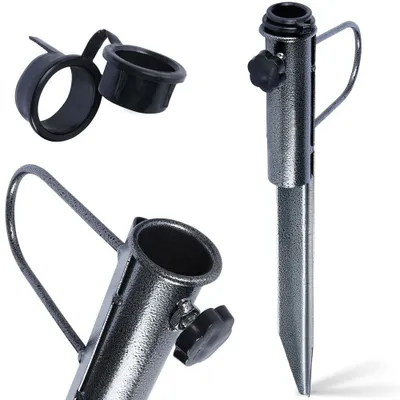 A product shot of a metal umbrella stand base and accessories against a white background.