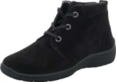 A black suede boot with laces.