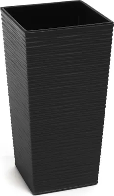 A black planter pot with a textured surface.